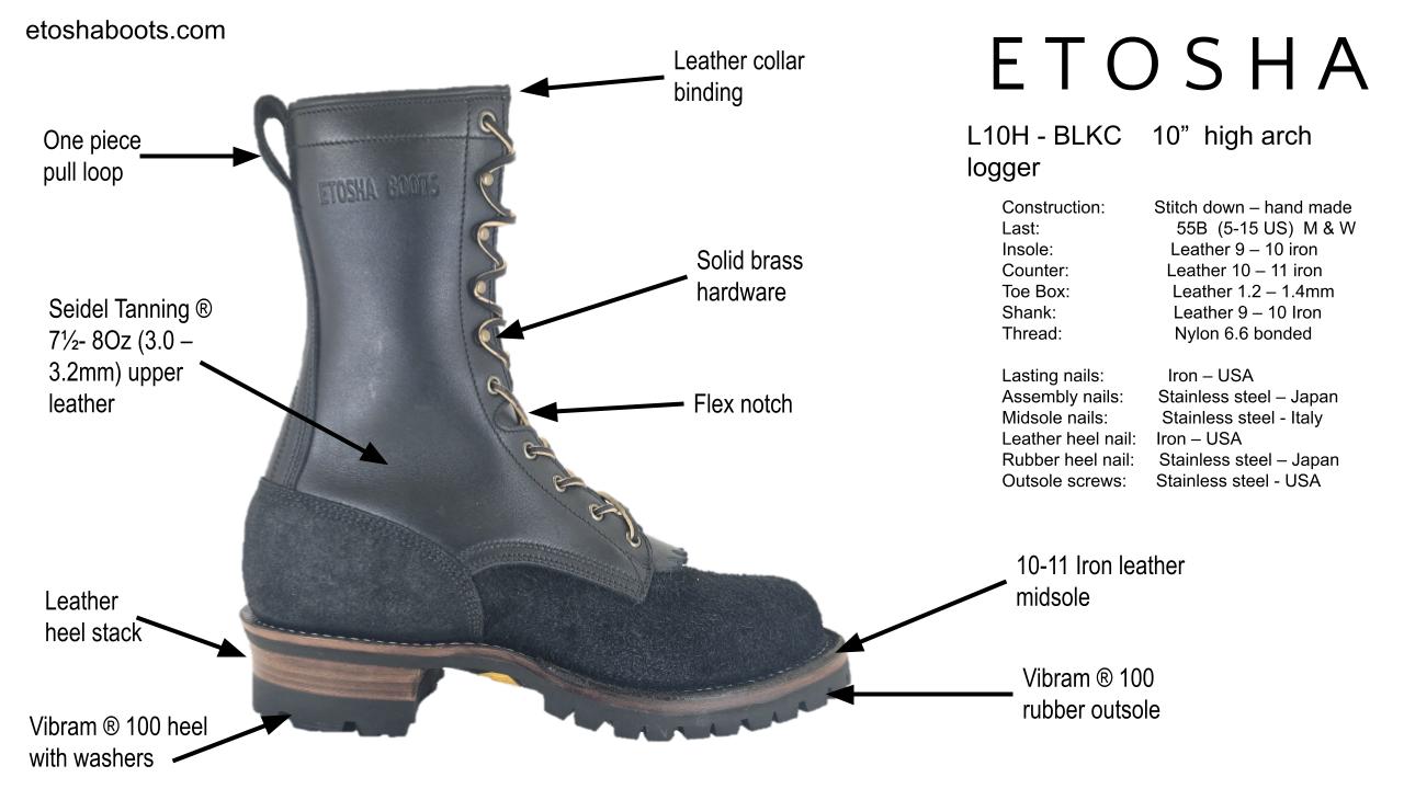 10" High Arch Logging Boot Black Combo