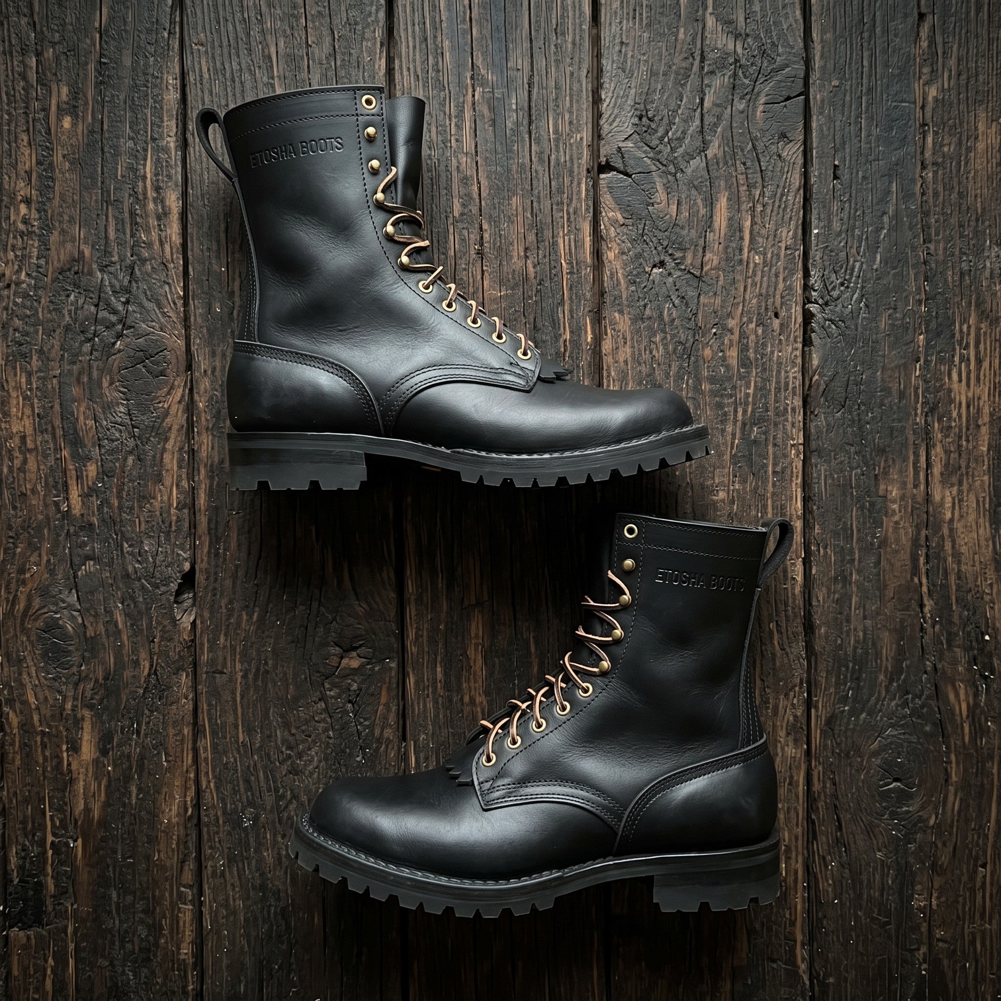 Handmade all leather Wildland Fire Fighting Boots in Black Smooth by Etosha Boots